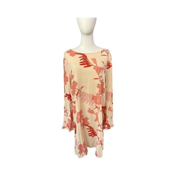 Roxy Floral Bell Sleeve Mini Dress M Boho Cream Red Open Back Beach Cover Up - Picture 1 of 9